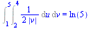 Int(Int(`+`(`/`(`*`(`/`(1, 2)), `*`(abs(v)))), u = 2 .. 4), v = 1 .. 5) = ln(5)